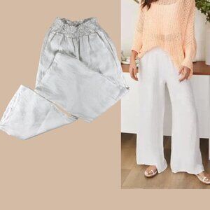 Smocked 100% Linen White Palazzo Pants MEDIUM